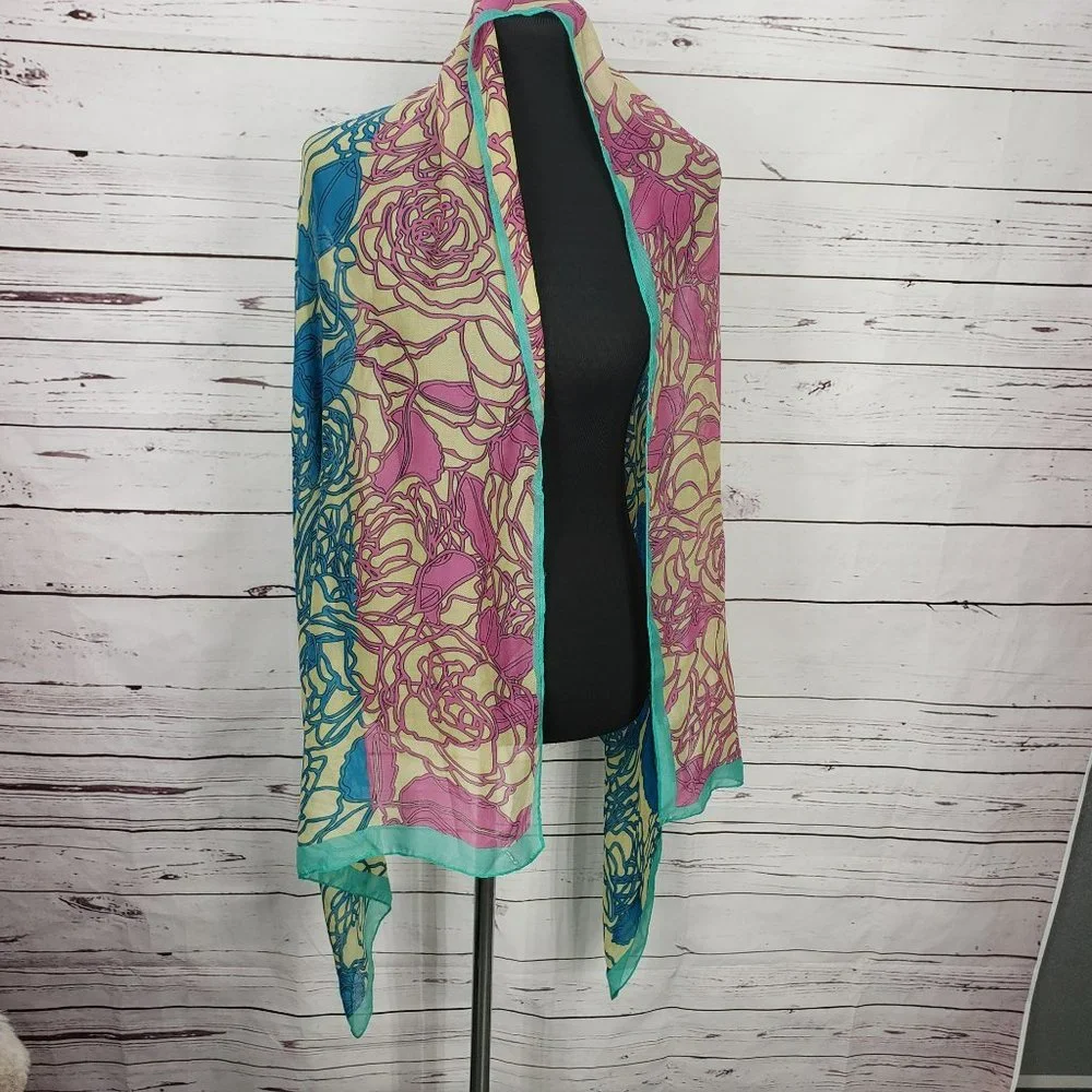 Vintage Space‎ Age Women's Scarf Multicolor Pink Blue Green Floral Sheer Striped